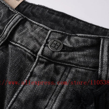 Latest Style Men's Grey Vintage Washed Denim Shorts Distressed Ripped Stitch Detail Slim Fit Casual Shorts Streetwear Bottoms