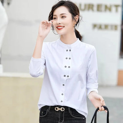 Stand up collar double breasted white long sleeved casual top for spring and autumn new style semi high collar basic top to wear