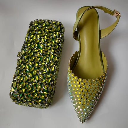 INSIGHTLINK Luxury Olive Green Rhinestones Women's Shoe and Bag Set for Party Wedding Crystals Heeled Pumps and Handbag Sandals