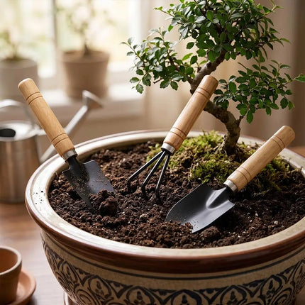 3Pcs Mini Garden Tools Set - Iron, Shovel, Rake Bonsai Tool for Garden Potting Flower Plant Succulent Transplanting Hand Tool