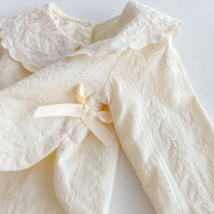 Baby girl lace collar top, wide-leg pants set, autumn girls' bow top, jacquard fabric pants two-piece set