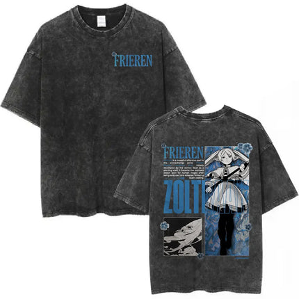 Anime Frieren: Beyond Journey's End Graphic Washed Vintage T-shirt Men's Women Fashion Short Sleeve Cotton Casual Loose T Shirts
