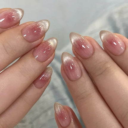 24Pcs Metallic Cat Eye French Sheer Manicure Tip Art Textured 3D Acrylic False Nails Nude Pink Almond Medium Press on Fake Nails
