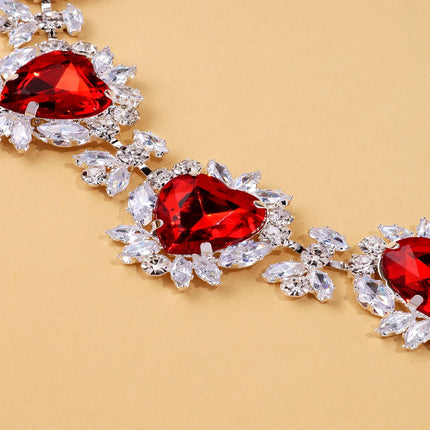 Exaggerated Rhinestone Red Heart Necklace Earrings Women Fashion Romantic Jewelry Set Light Luxury Banquet Wedding