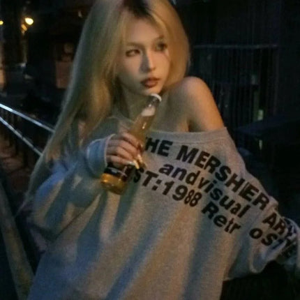 Sexy Oversize T-shirt Women Streetwear Letter Print Skew Collar Off Shoulder Long Sleeve Basic Top Korean Fashion Loose T-shirt