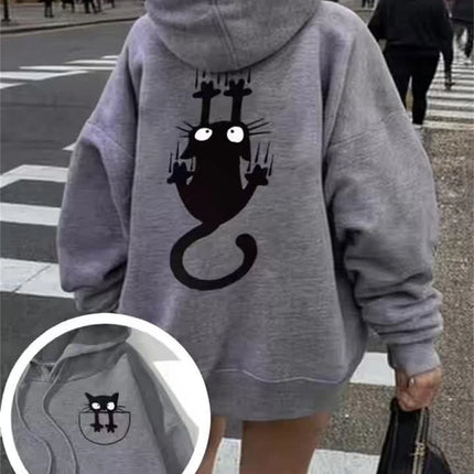 Women's casual hoodie sweatshirt with cute cat pattern print round neck long sleeves for autumn and winter warmth, regular style