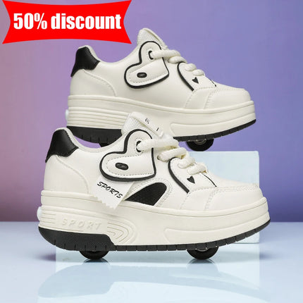 Children's Roller Skating Shoes, Detachable Double Wheels, Boys' Outdoor Skating Amusement Sneakers, Girls' Comfortable Soft Board Shoes