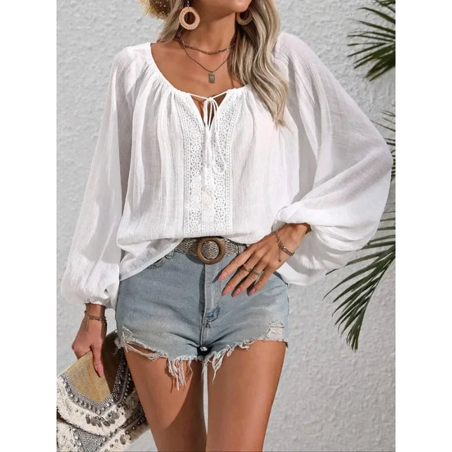 Plus Size 1XL-5XL New Women's  Fashion Long Sleeve Solid Color Shirts Women's Vintage Vacation Style Lace Women Clothing
