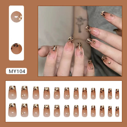 Dark Brown Flowers 24 Pcs Press-on Nails Pink Nail Polish Glossy Artificial Finger Manicure Reusable False Nails