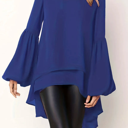 Plus size women's spring & summer solid color polyester non-elastic long back hem elegant lantern sleeve chiffon long sleeve top