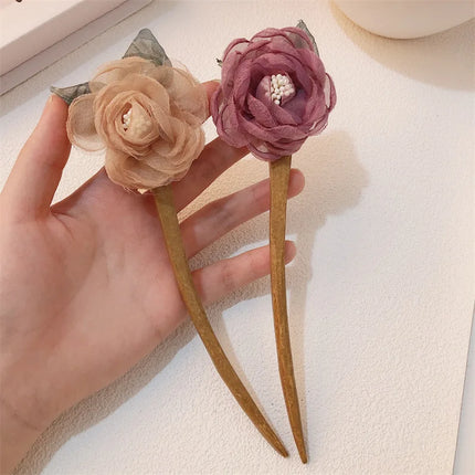 New Rose Hair Stick Bun Flower for Women Girls Elegant Wooden Hair Fork Chinese Style Fashion Hairpin Hair Accessories Headwear