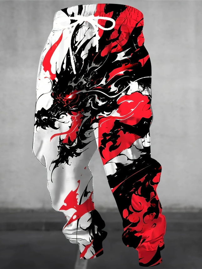 Autumn Men's New Chinese Loong Printed Soft and Comfortable Drawstring Pants Outdoor Urban High Street Pants