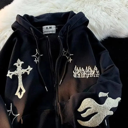 Retro Y2K Autumn Winter Hooded Coats Fashion Women Long Sleeve Embroidered Cross Fire Jackets Casual Streetwear Sweatshirts