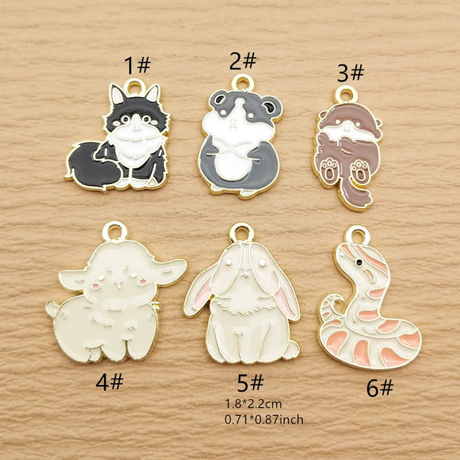 10pcs Cute Cat Rabbit Snake Sheep Charm Jewelry Accessories Enamel Necklace Earring Pendant Diy Making Alloy Metal Gold Plated