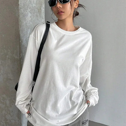 Women's Basic Long Sleeve Loose O-neck T-shirt Autumn Winter Solid Color Tee Top Streetwear