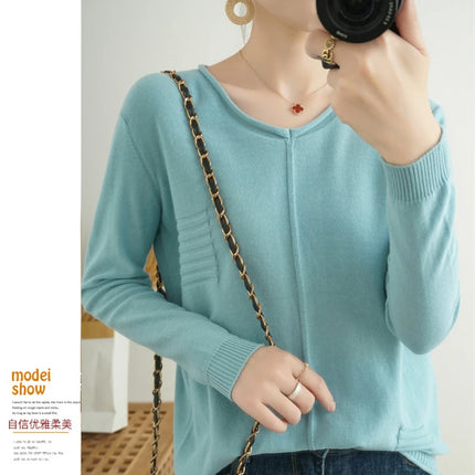 2023 Autumn/Winter Women's New Pullover Casual Solid 100% Cotton Knitted V-Neck Loose Sweater Fashion Soft Breathable Top