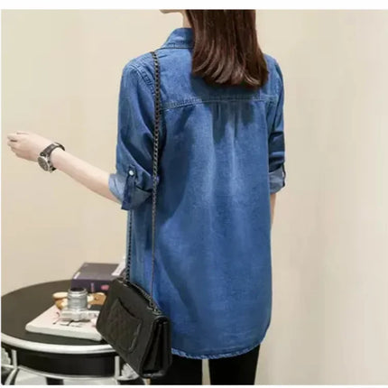 Slim Fit Mid-Length Long Sleeve Denim Shirt Women's Cotton Base Layer Shirt Autumn Winter Polo Collar Pocket Design Jeans Jacket