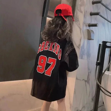Stylish Medium-length Summer Dress For Girls Loose-fit Casual T-shirt Skirt Short Sleeves Basketball Uniform Trendy