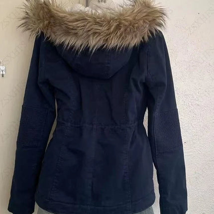 Y2K Street Gothic Slim Fit Zip Up Hooded Jacket Women Blue Frayed Edge Hooded Parka Trendy Retro Fashionable Warm Winter Wear