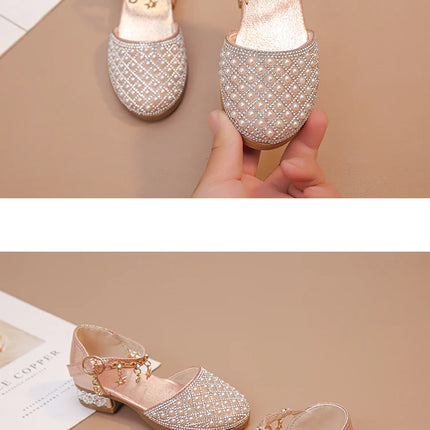 Girls High Heeled Shoes for Wedding Party Glitter Rhinestone Pendants Shiny Glitter Fashion Princess Kids Leather Dress Shoes