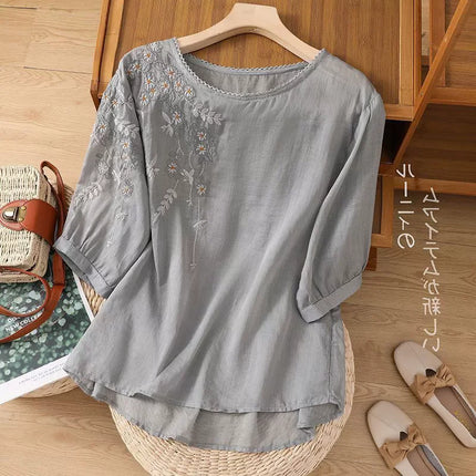 Fashion Thin Cotton Linen Y2k Tops Tee Women Clothing Summer Loose T Shirts Woman Embroidered T-shirt Blusa Casual Ladies tshirt