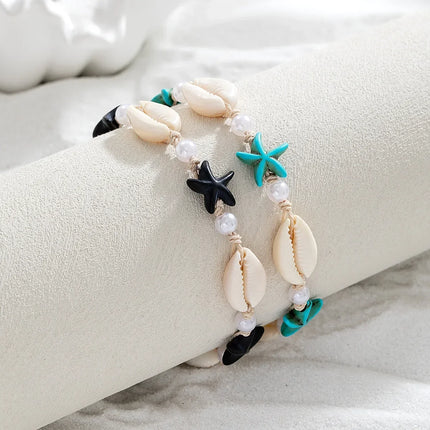 Bohemian Summer Beach Anklet for Women, Imitation Shell & Small Resin Beads Adjustable Barefoot Ankle Bracelet Vacation Jewelry