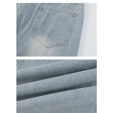 Men's American High Street Baggy Jeans 2026 Summer New Light Wash Distressed Knife Cut Wide Leg Casual Denim Pants