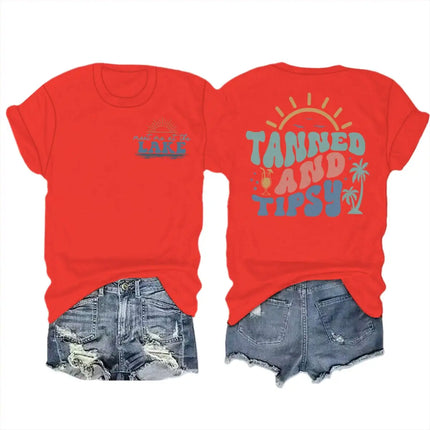 Summer Beach Series T-shirts For Women Men "Tanned And Tipsy" Vacation Trip Tshirt Crewneck Short Sleeve Casual Camisetas Mujer