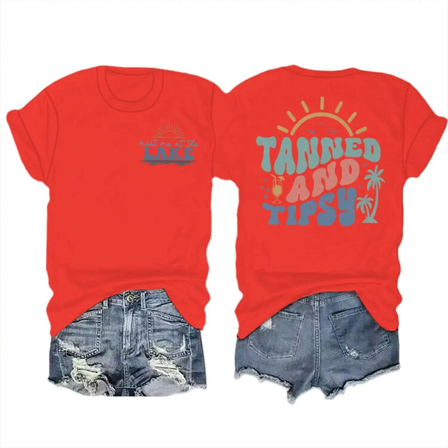 Summer Beach Series T-shirts For Women Men "Tanned And Tipsy" Vacation Trip Tshirt Crewneck Short Sleeve Casual Camisetas Mujer