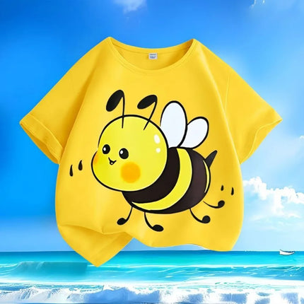 New Fashion Bee Print Kids' Stylish Round Neck Loose Fit, Pure Cotton and Breathable, Summer Trendy Streetwear for Kids