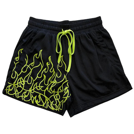 Men's Flame Print Casual Sports Shorts Breathable Mesh Adjustable Drawstring Waist Loose Fit Summer Street Daily Wear Trendy