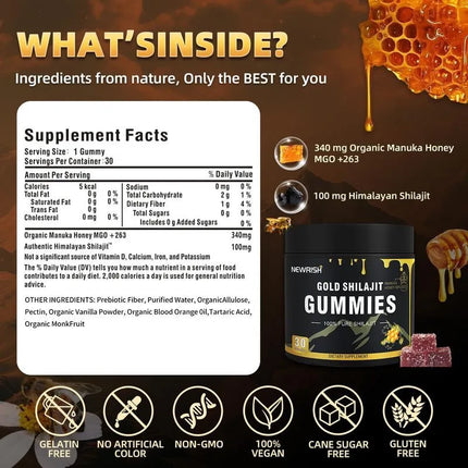 Gold Shilajit Gummies - Immune Support, Promotes Brain and Heart Health, Anti-aging, Benefits for Overall Well-being