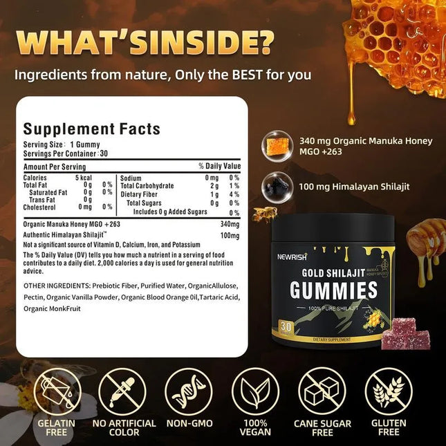 Gold Shilajit Gummies - Immune Support, Promotes Brain and Heart Health, Anti-aging, Benefits for Overall Well-being