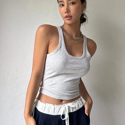 Solid Color Crop Fashion Street Women Square Collar Wide Straps Fitness Tank Top Camisole Breathable Cool Summer Tops  Female