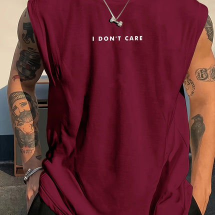 100% Pure Cotton Summer Men's Fashionable Casual Loose I DON'T CARE Letter Pattern Printed Fitness Sports Sleeveless Vest