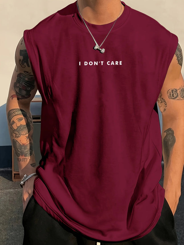 100% Pure Cotton Summer Men's Fashionable Casual Loose I DON'T CARE Letter Pattern Printed Fitness Sports Sleeveless Vest
