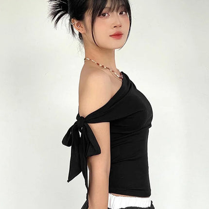 2024 Women's Summer Ins Style New Shrink Pleated One-Shoulder Crop Top Backless Twist Tie Asymmetric T-Shirt Casual Top