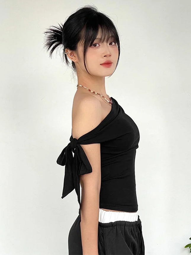 2024 Women's Summer Ins Style New Shrink Pleated One-Shoulder Crop Top Backless Twist Tie Asymmetric T-Shirt Casual Top