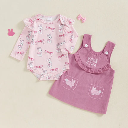 Baby Girl Easter Outfit Bunny Bow Long Sleeve Romper with Overall Dress 2 Pcs Spring Set