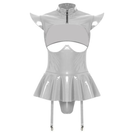 Womens Lingerie Latex Glossy Bodysuit Halter Zipper Crotch with Skit Hem And Garters Jumpsuit Raves Party Sexy Clubwear Costume