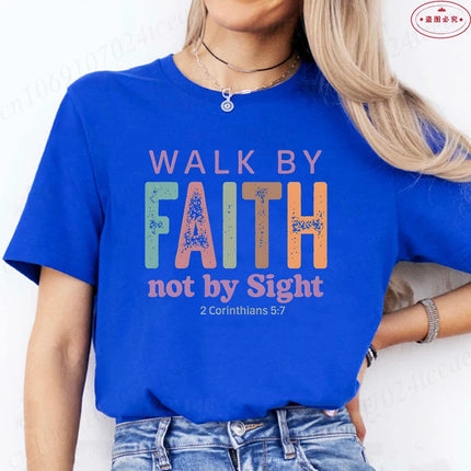 Walk By Faith Not By Sight 2 Corinthians 5:7 T-Shirt Retro Christian Graphic Tee for Women Aesthetic Summer Short Sleeve Clothes