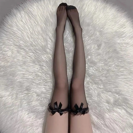 Fashion Black White Overknee Long Socks Women Sweet Girls Lolita Bowknot Thigh High Fishnet Stockings Punk Lace Mesh Legging