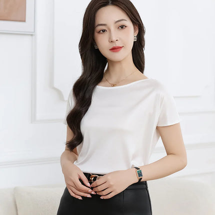 Summer women's short sleeved acetate fabric high-end knitted women's T-shirt thin European style hot selling women's T-shirt