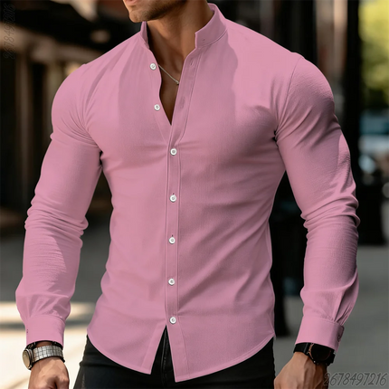 21 New Colors Men's Solid Color Long-Sleeved Stand Collar Shirt, Comfortable, Casual, Business, High-Quality, Elegant Men's Top