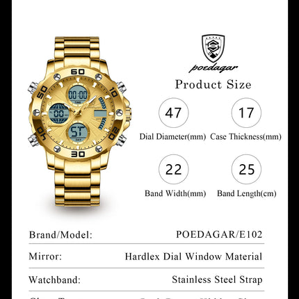 POEDAGAR Functional Men's Quartz Wristwatch Electronic LED Alarm Dual Display Male Clock Waterproof Sports Watches For Men Reloj
