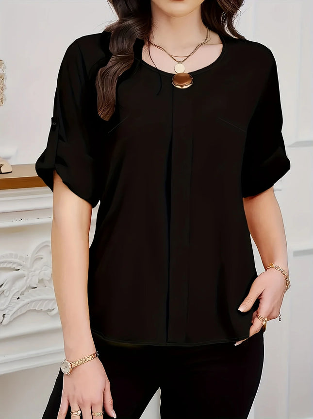Women's plus size casual summer woven solid color shirt