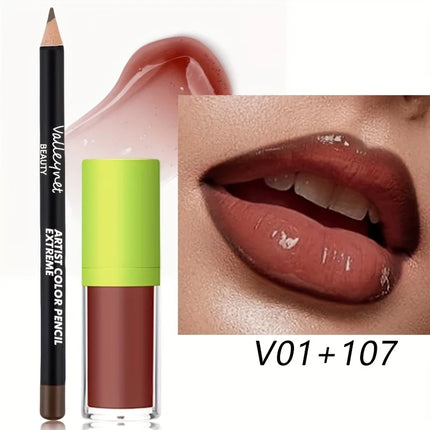 2pcs/Set Lip Gloss & Lip Liner Set Lip Kit Natural Nude Tinted Lip Glow Oil Moisturizing Liquid Lipstick with Lip Liner Combo