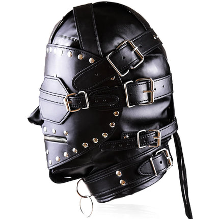 PU Leather Total Sensory Deprivation Full Head Bondage Hood Headgear Mouth Open Lockable Gimp Bondage BDSM Sex Toy for Couple