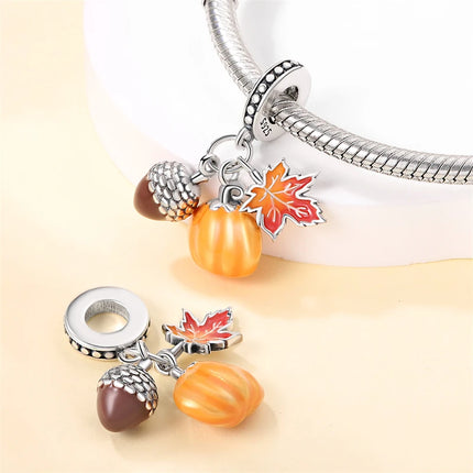 Autumn New 925 Sterling Silver Brown Maple Leaf Pumpkin Bee Charms Bead Fit 3mm 925 Original Bracelets DIY Jewelry Warm Gift