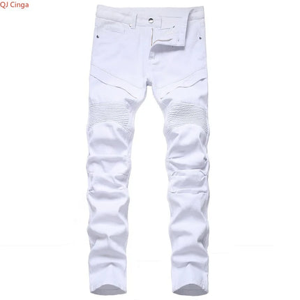 Men's White Jeans, Black Fashion Casual Trousers, Pleated Decorative Denim Pants, Asian Sizes 29-42. 2027 New